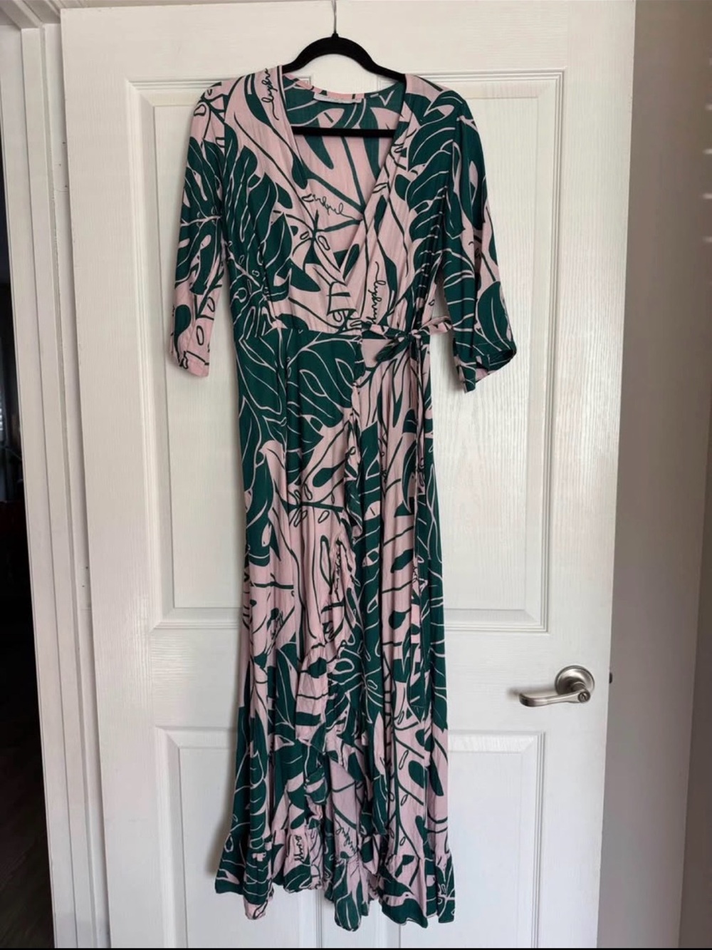 Alexis Pink and Teal Leaf-Print Wrap Maxi Dress
